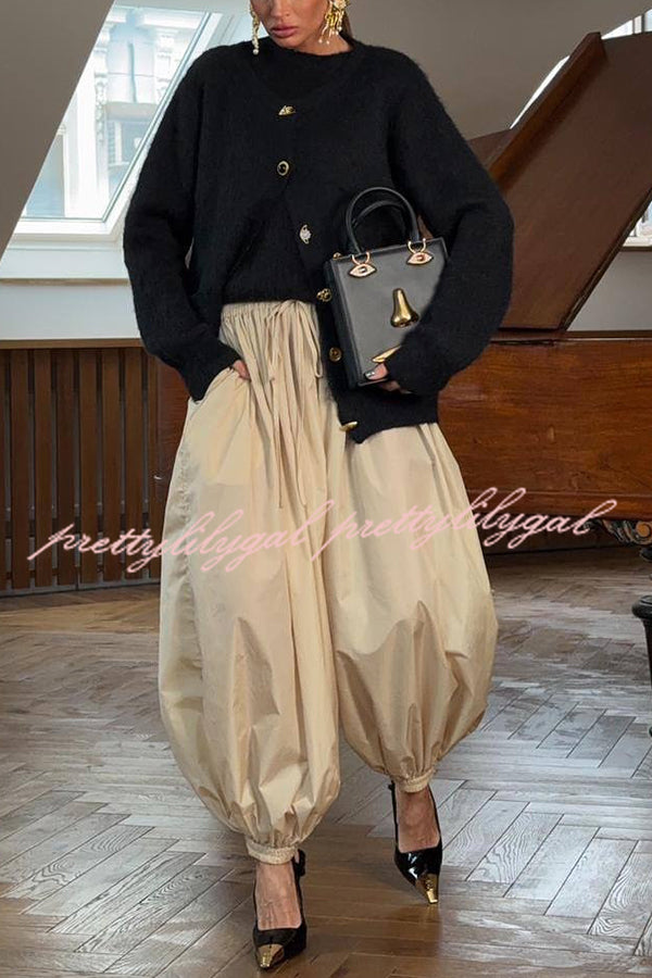 Solid Color Casual Pocket Elastic Waist Lantern Wide Leg Pants