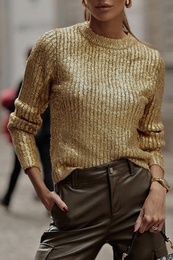 Festival Feels Golden Crew Neck Knitted Bronzing Long Sleeved Sweater