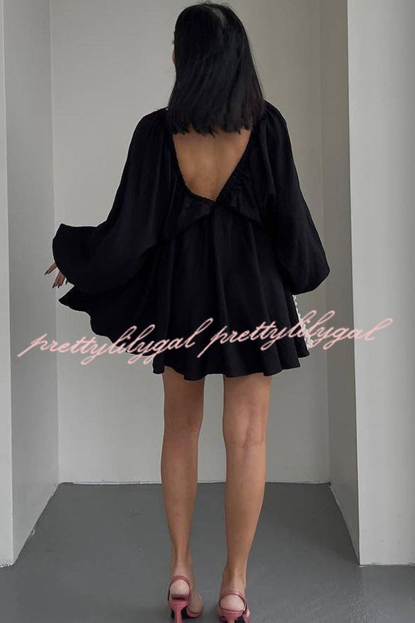 V Neck Puff Sleeve Solid Color Resort Style Mini Dress