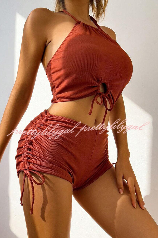 Solid Color Sexy Halter Neck High Waist String Stretch Bikini Swimsuit