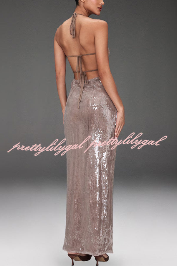 Light Up The City Sequin Cutout U-neck Back Lace-up Maxi Dress