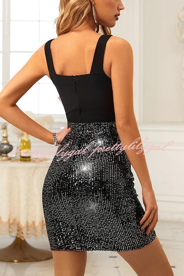 Fashion Sleeveless Suspender Spliced Sequined Slim Mini Dress