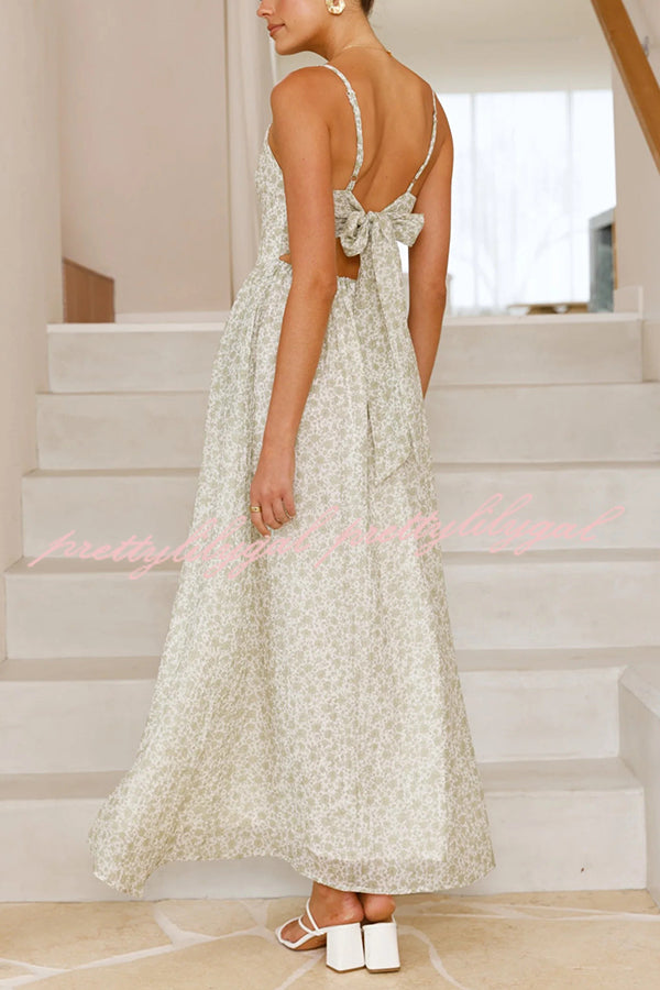 Floral Print V-Neck Sleeveless Back Tie Pocket Maxi Dress
