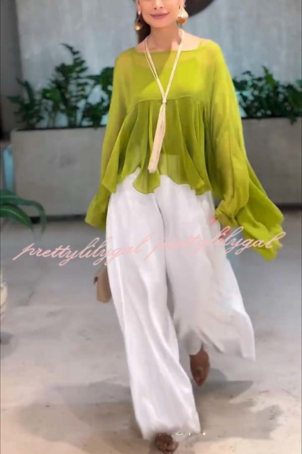 Romantic Journey Chiffon Ruffle Batwing Sleeve Top and Elastic Waist Pocket Loose Pants Set