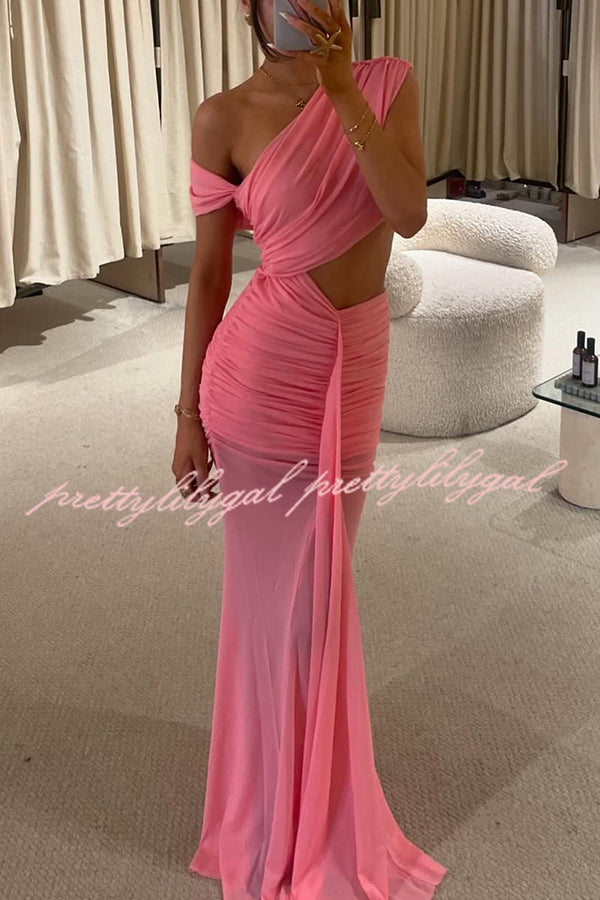 Ceilia Mesh Off Shoulder Cutout Waist Ruched Stretch Maxi Dress