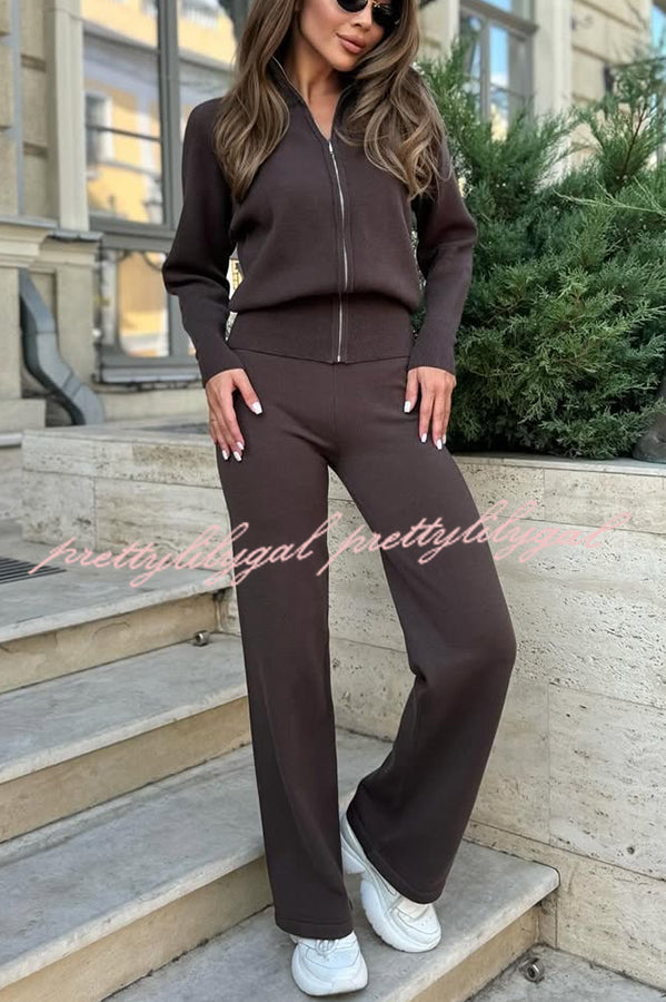 Cozycore Knit Zipper Long Sleeve Cardigan and Stretch Wide Leg Pants Set