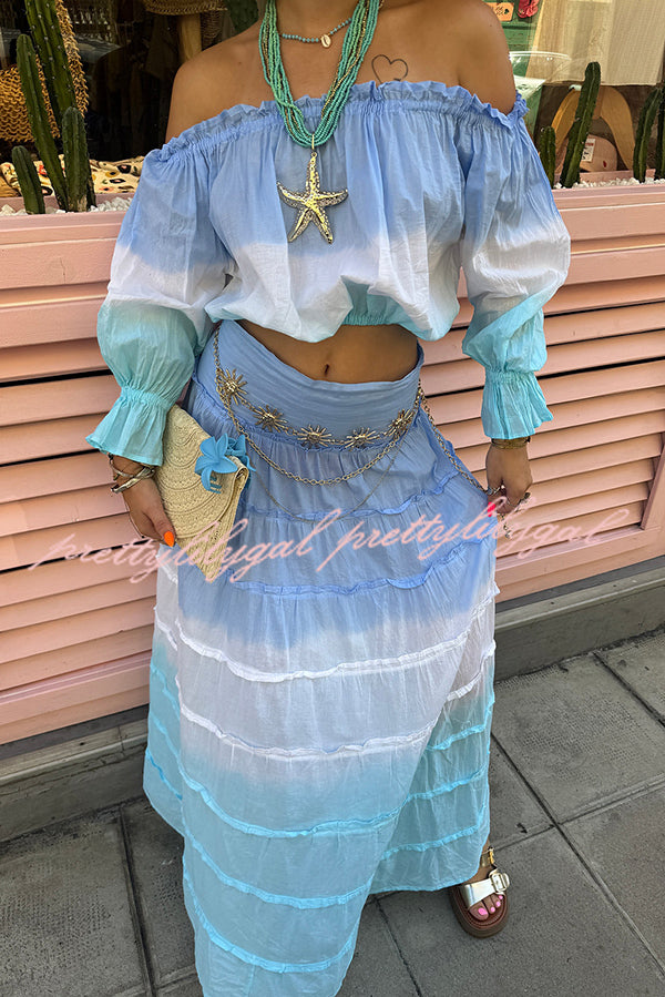 Fashionable Gradient Off Shoulder Long Sleeve Top and Resort Style Spliced Maxi Skirt Set