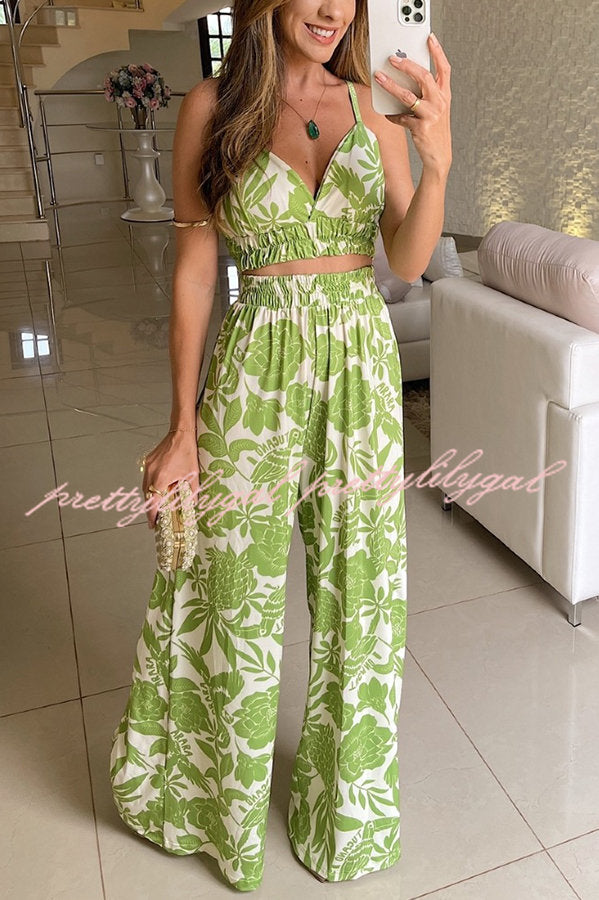 Paradise Dreaming Printed Cami Top and Elastic Waist Wide Leg Pants Set