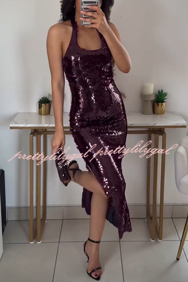 Night Glow Disc Sequin Halter Backless Slit Midi Dress