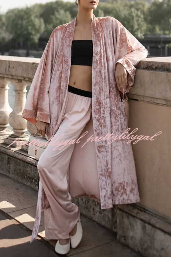 Gorgeous Glossy Velvet Long Bell Sleeve Tie-up Pocket Midi Kimono Coat