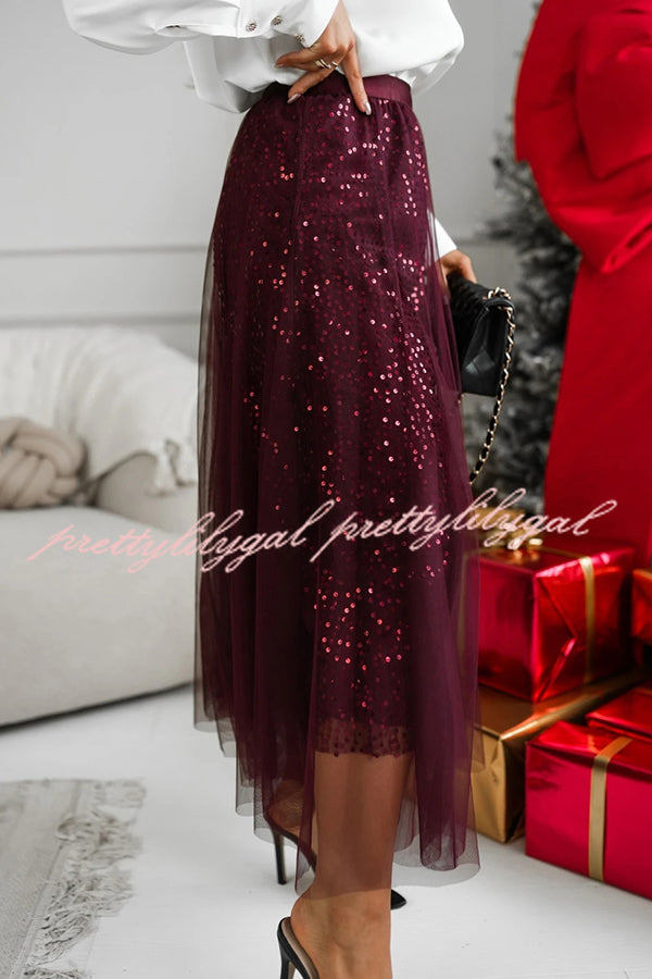 Party Daydream Sequin Tulle High Rise Elastic Waist Maxi Skirt