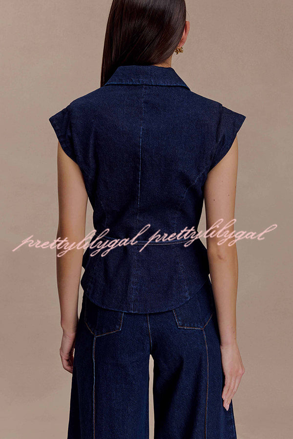 Charley Denim Button Up Cap Short Sleeve Structured Tie-up Lapel Top
