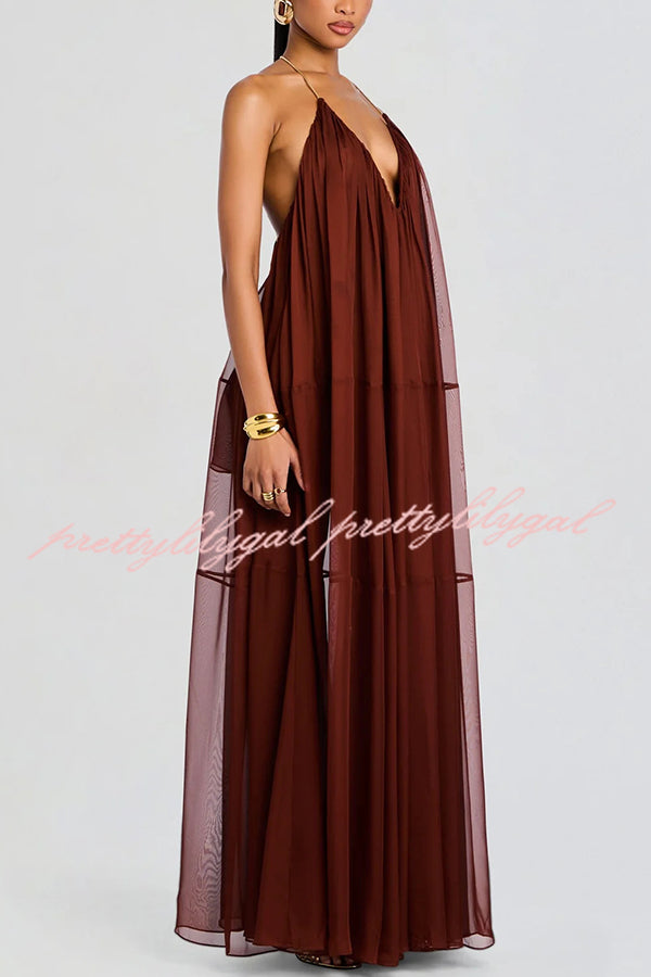 Flowing Lightweight Chiffon Chain Halter Neck Detail Backless A-line Maxi Dress