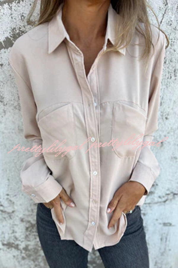 Solid Color Lapel Button Pocket Casual Long Sleeve Shirt