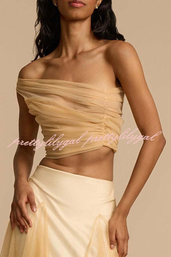 Romance Factor Semi-sheer Tulle One Shoulder Ruched Crop Top