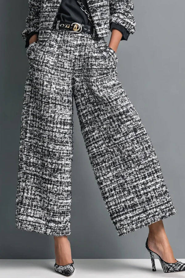 Stylish Long-sleeved Single-breasted Short Jacket and Casual Pocket Wide-leg Pants Sets