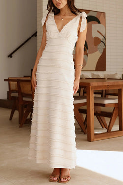 Solid Color V-neck Elegant Sling Lace Up Vacation Maxi Dress