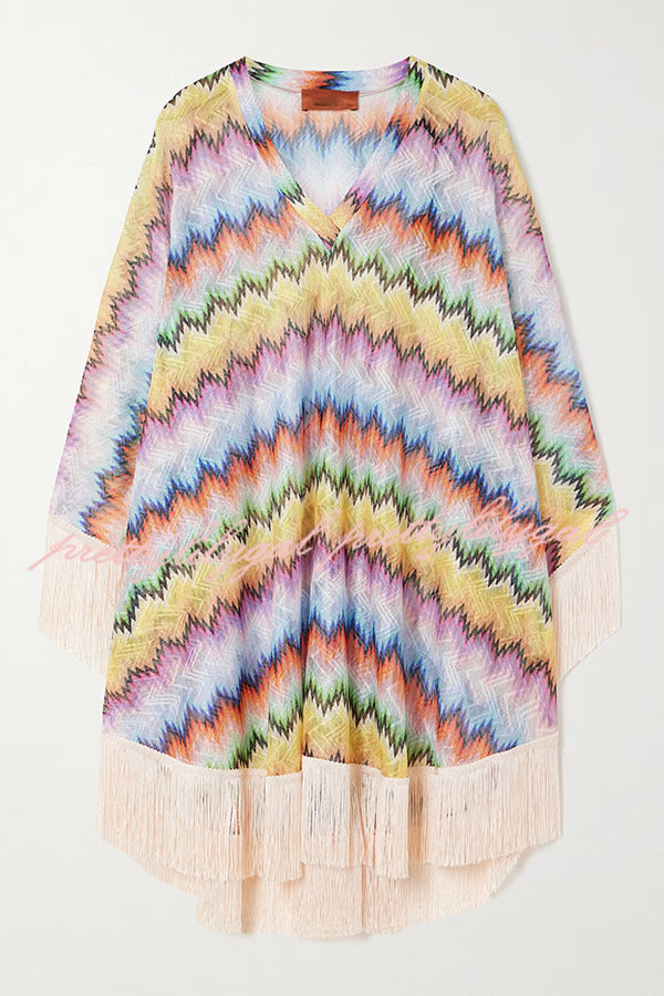 Jiya Knit Colorful Zigzag Pattern Tassle Trim Loose Kaftan Mini Dress