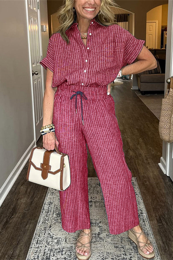 Fashion Striped Print Lapel Short-sleeved Shirt and Elastic Waist Pocket Casual Pants Set
