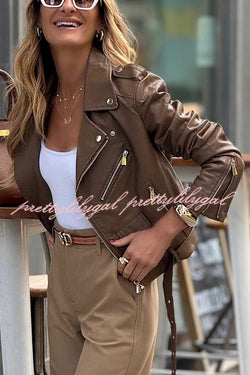 Play My Way Faux Leather Zipper Lapel Pocketed Moto Jacket