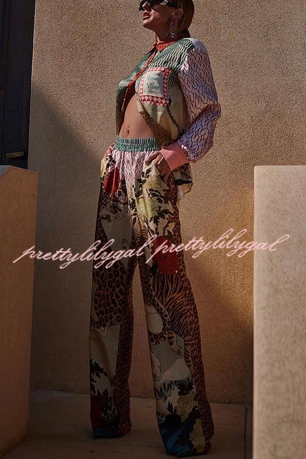 Tropical Jungle Tiger Unique Print Long Sleeve Loose Shirt and Elastic Waist Pants Set