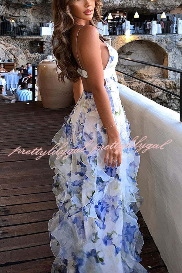 Sunrise Goddess Chiffon Roses Print Ruffles Tiered Trim Maxi Dress