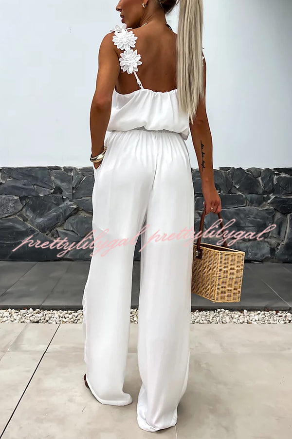 Solid Color Embroidered Flower Suspenders Casual Loose Jumpsuit