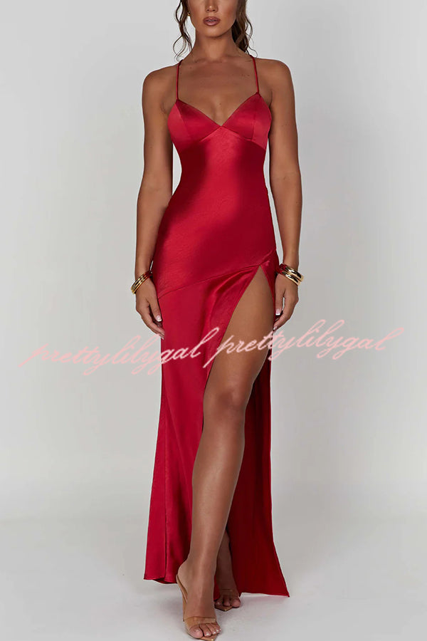 Satin Solid Color Sexy Backless Lace Up High Slit Maxi Dress