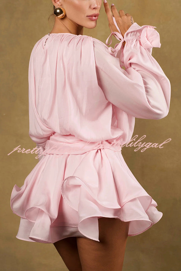 Solid Color Long Sleeve V-Neck Lace-Up Elegant Flower Decorated Mini Dress