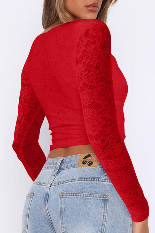 Sexy V-neck Long-sleeved Slim Lace Top