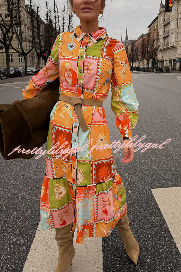 Linen Blend Unique Printed Long Sleeve Lapel Tie-waist Midi Dress