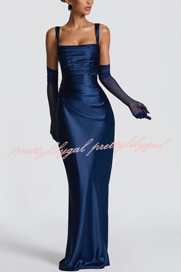 Calanthe Satin Square Neck Ruched Back Lace-up Drape Mesh Scarf Maxi Dress