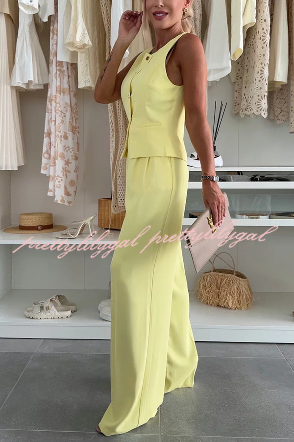 Workplace Chic Sleeveless Button Vest and Relaxed Pocket Wide Leg Pants Set