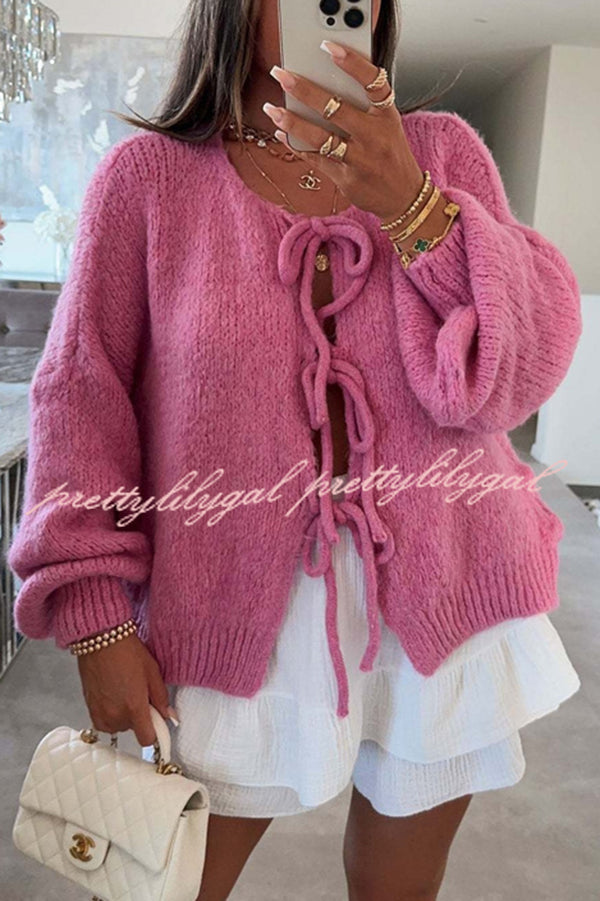Solid Color Long-sleeved V-neck Lace-up Loose Knitted Sweater