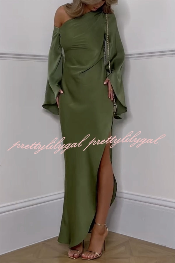 Zayla Satin Asymmetrical One Shoulder Bell Sleeve Slit Maxi Dress