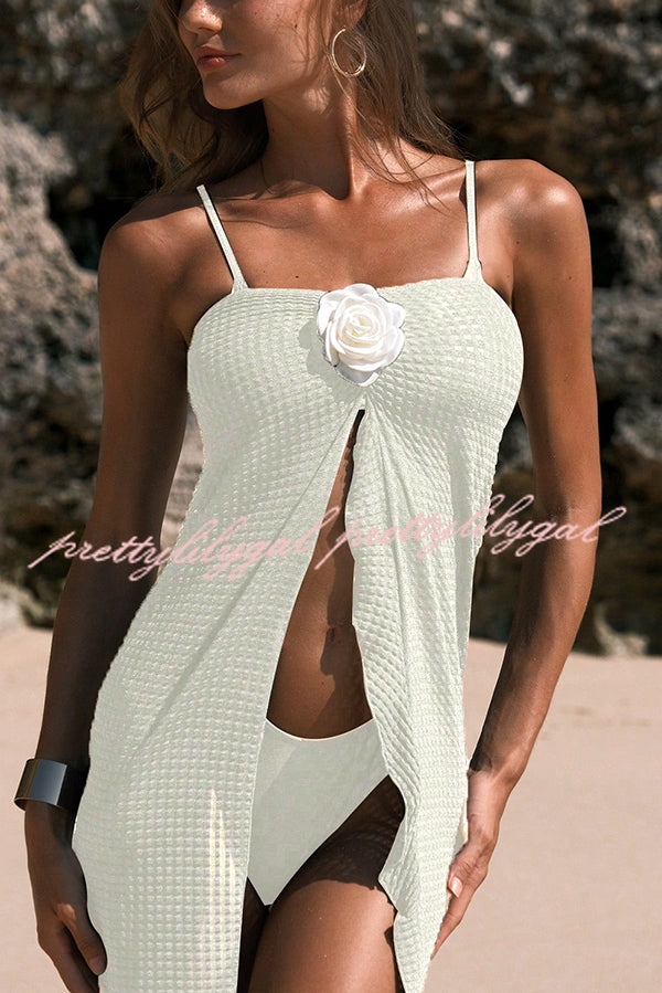 Solid Strappy Stretch Two-piece Bikini Swimsuit and Floral Embellished Maxi Cover-up Skirt Set