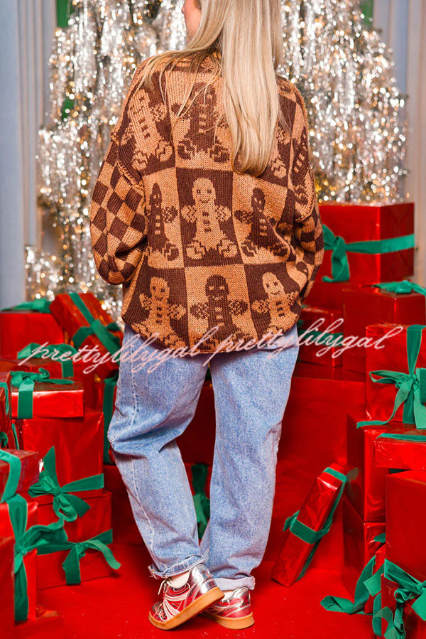 Christmas Gingerbread Man Round Neck Long Sleeve Loose Knit Sweater