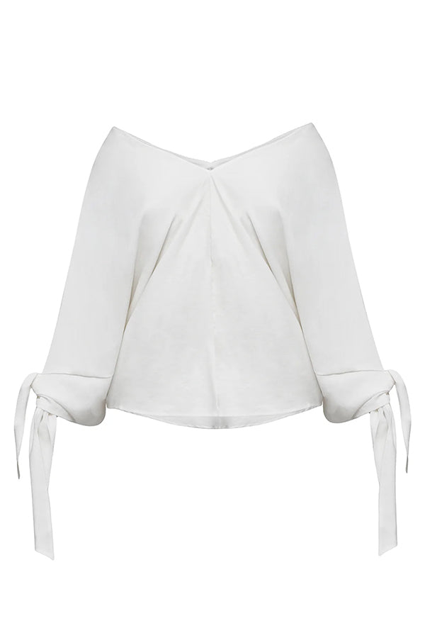 Joyful Bond Linen Blend V-neck Knotted Cuff Half Sleeve Loose Top