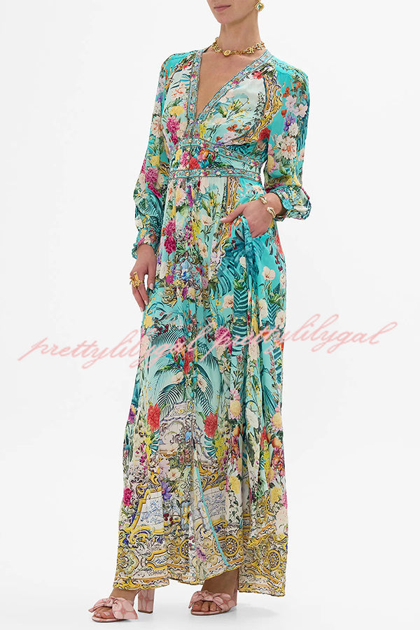 Fairy Tale Print V-Neck Lantern Sleeve Waist Maxi Dress