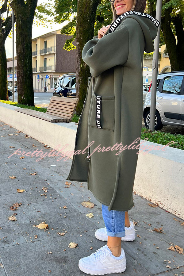 Fashionable and Casual Hooded Zipper Pocket Loose Long Coat