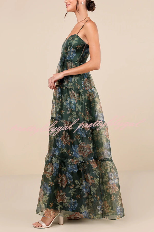 Exclusive Glamour Organza Floral Print Tiered Slip Maxi Dress