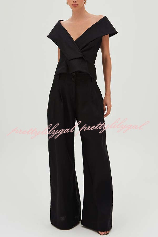 Velena Linen Blend Button Up Lapel Top and High Rise Pocket Wide Leg Pants Set