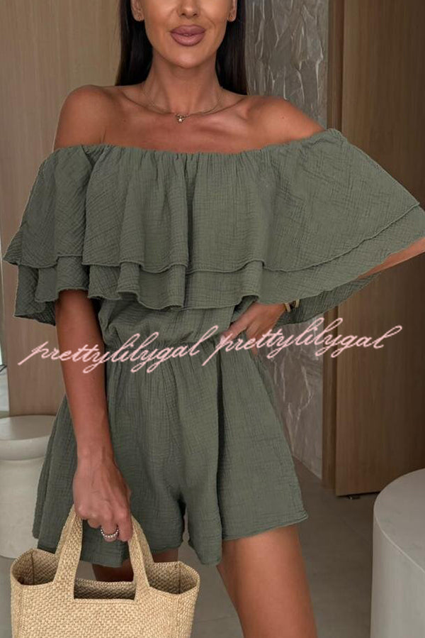 Solid Color Off-shoulder Ruffled Casual Waist Rompers
