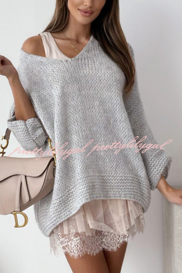 Solid Color Loose V-neck Casual Knitted Sweater