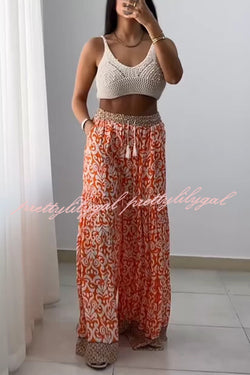 Unique Print Elastic High Waist Tie Pocket Wide Leg Pants