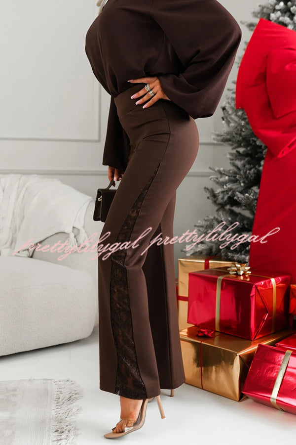 Joelie High Rise Elastic Waistband Side Lace Patchwork Flare Pants