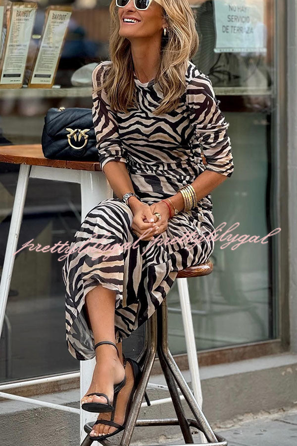 Natural Beauty Mesh Zebra Print Ruched Stretch Maxi Dress