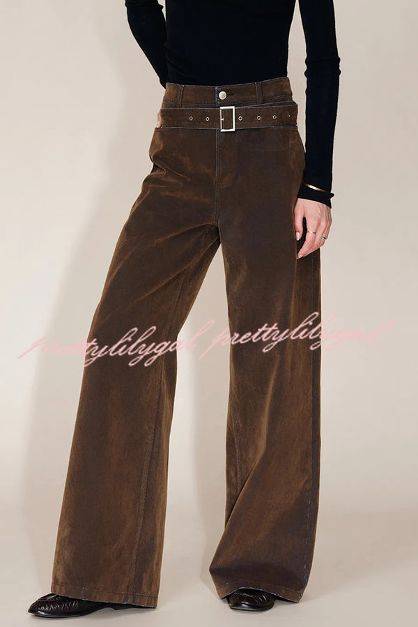 Taylor Denim Mid Rise Detachable Belt Flocked Pocket Wide Leg Jeans