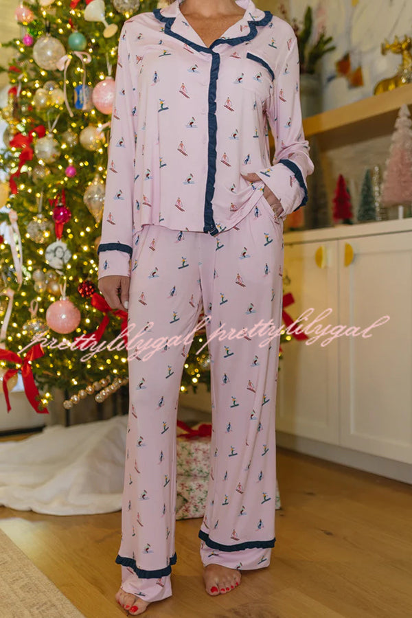 Postcards To Santa Unique Print Ruffles Trim Pocket Shirt and Elastic Waist Pajama Set