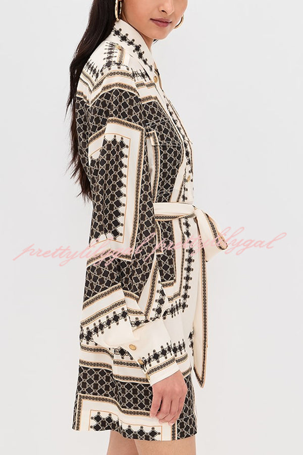 Hildie Unique Print Epaulettes Long Sleeve Flap Pockets Tie-up Waist Shirt Mini Dress